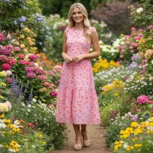 J. Crew Dress Floral Tiered Ruffle‎ Sleeveless Midi Cotton Pink Orange Size 2